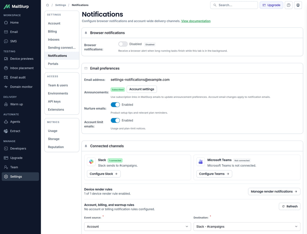 MailSlurp notification settings with documentation link, connected channels, and account rule setup
