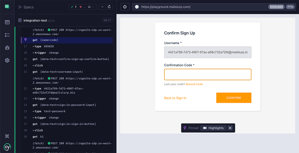 Cypress test runner completing a signup flow with a MailSlurp inbox