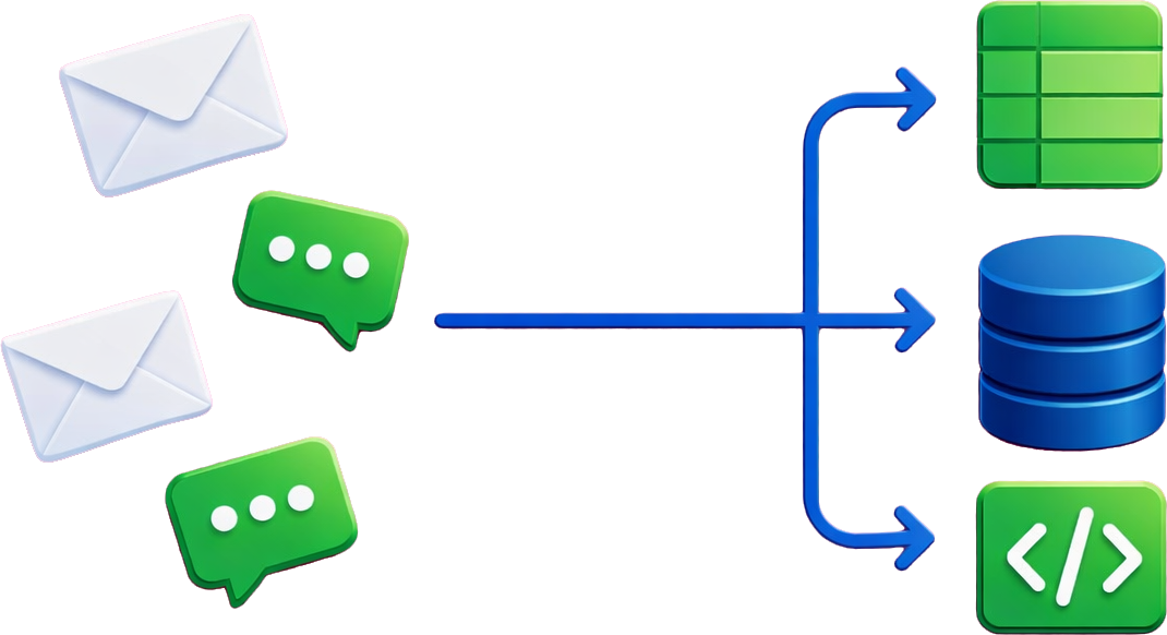 Email and SMS routing to spreadsheets, databases, and code