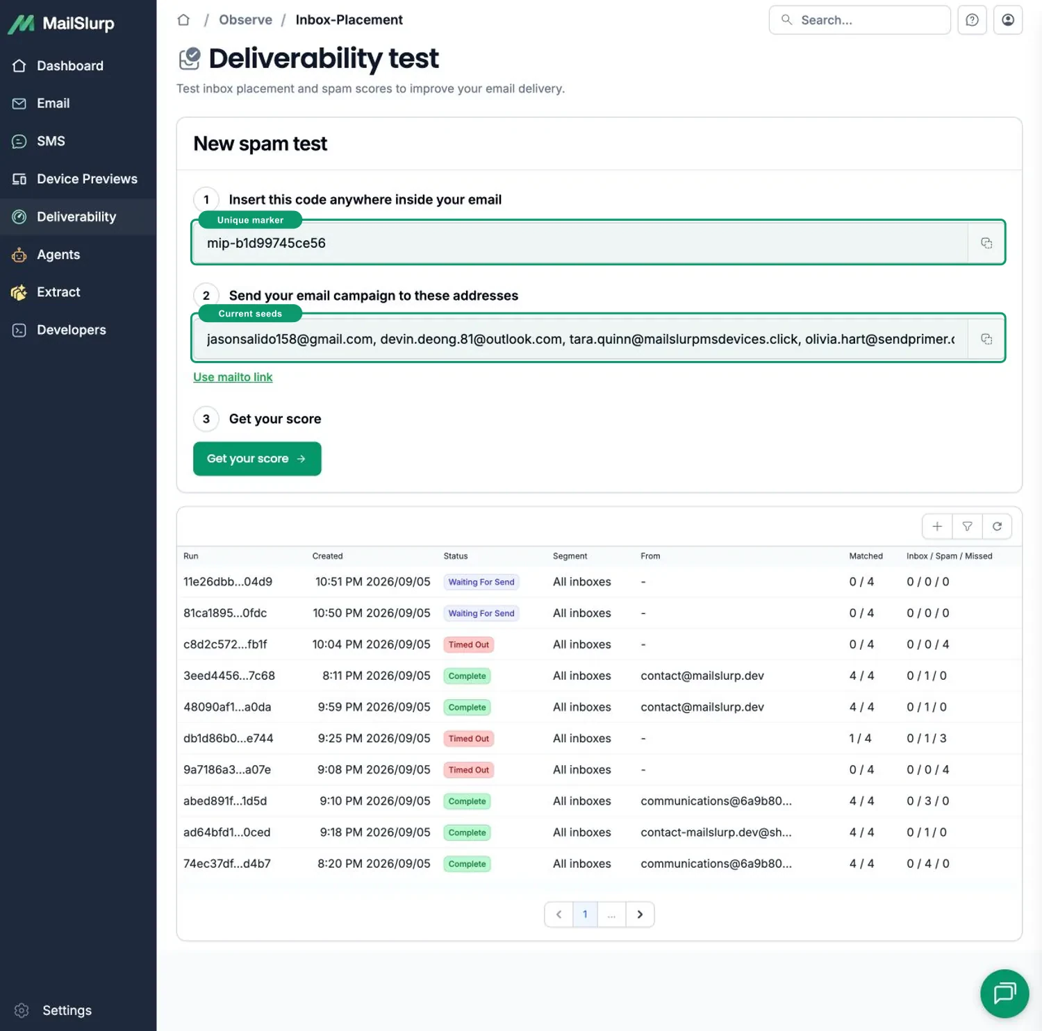 MailSlurp seed run for GetResponse inbox placement testing