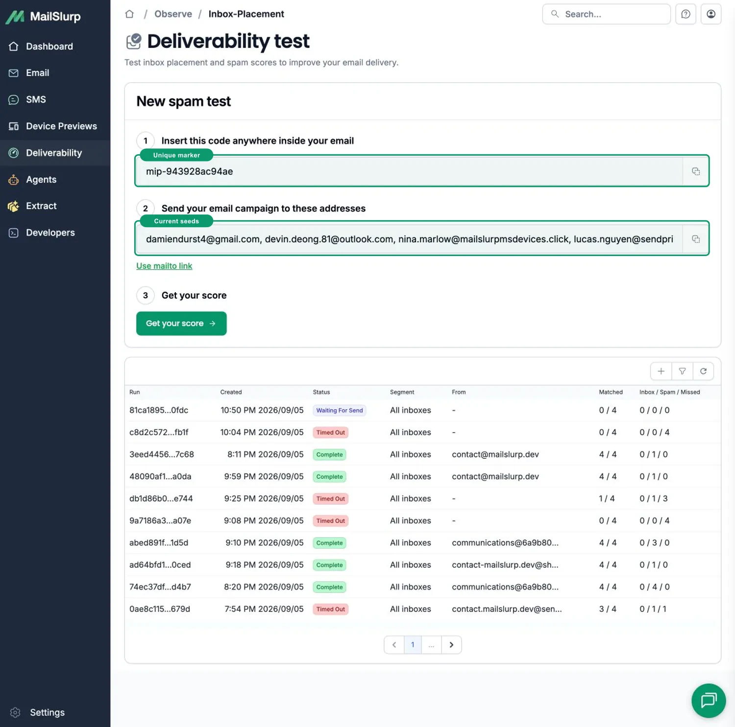 MailSlurp seed run for HubSpot inbox placement testing