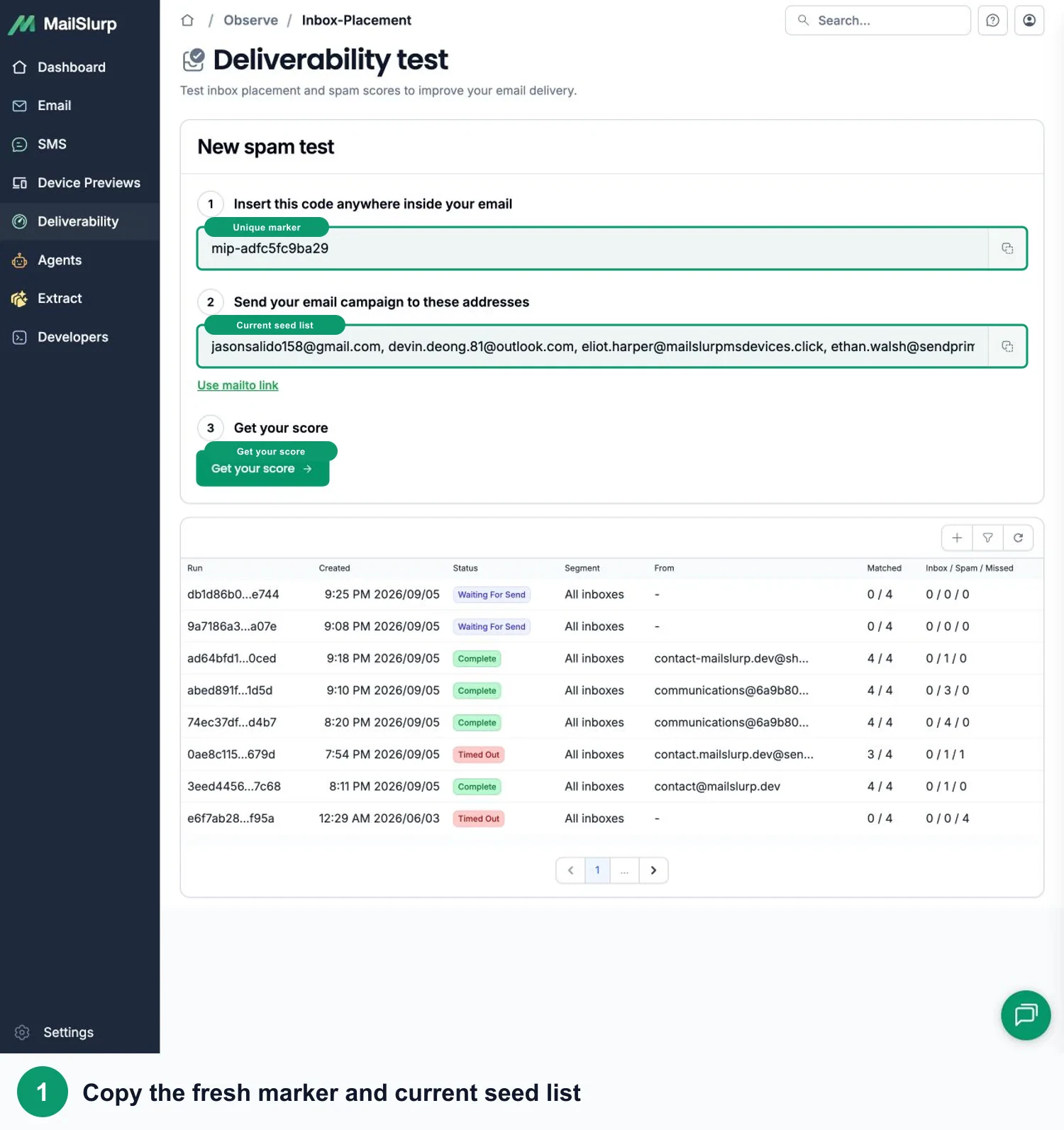 MailSlurp seed run for Kit inbox placement testing