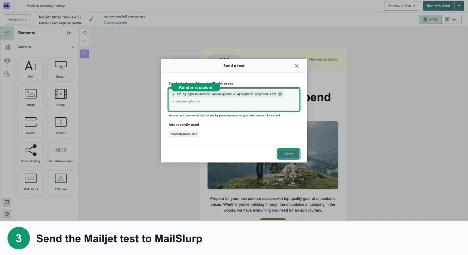 Mailjet test campaign sent to the MailSlurp render recipient