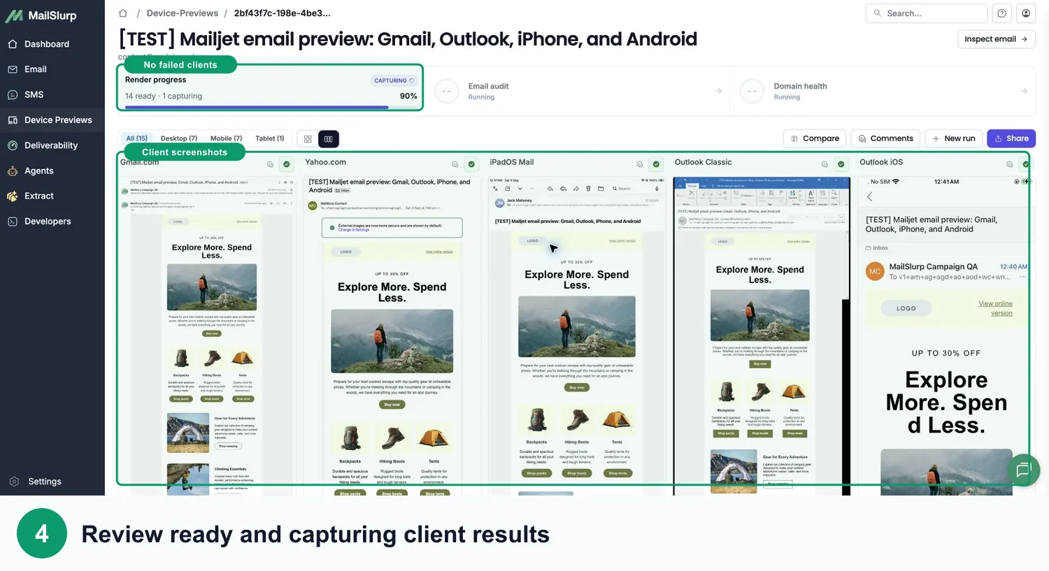 Completed MailSlurp device results for a Mailjet campaign