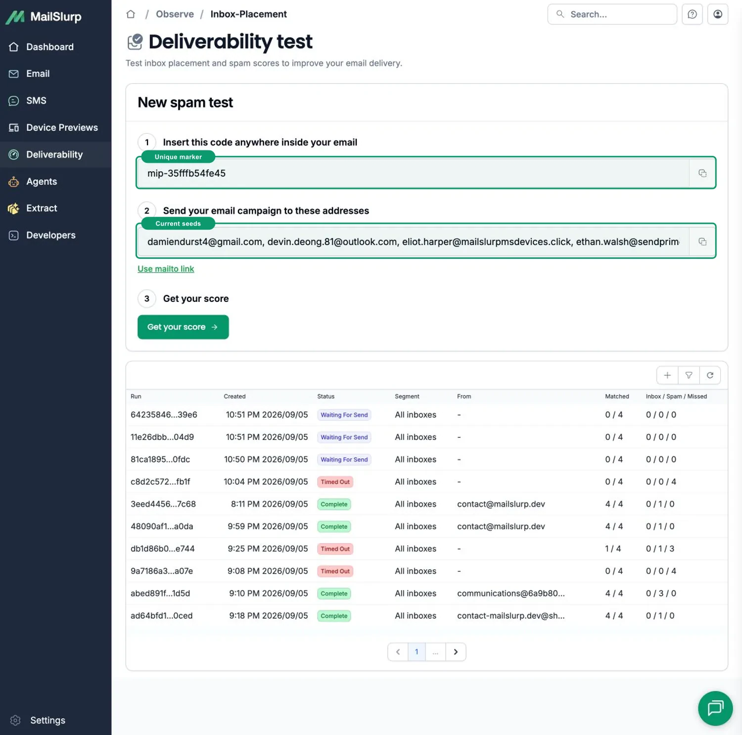 MailSlurp seed run for Mailjet inbox placement testing