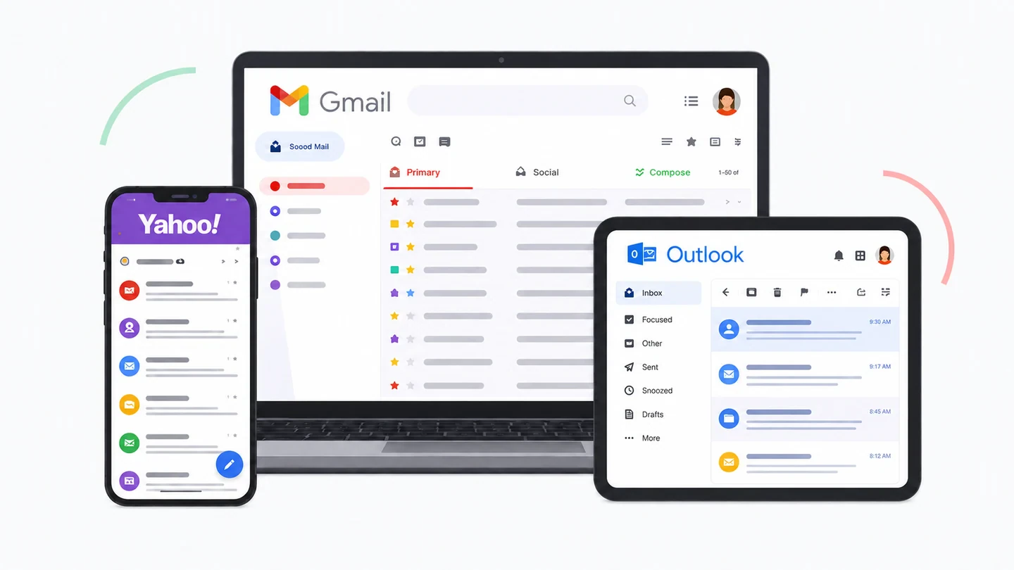 Gmail, Yahoo, and Outlook email clients shown across a laptop, phone, and tablet