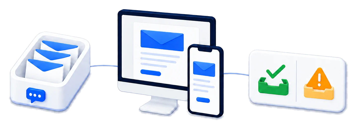 Messages moving from an inbox through desktop and mobile previews to inbox placement results