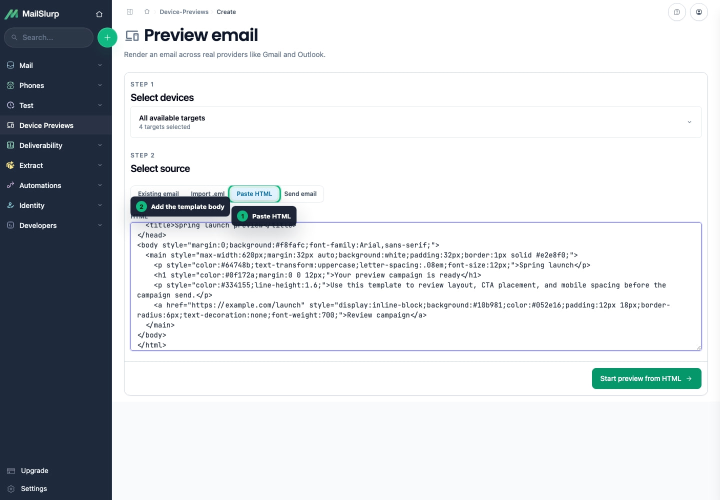 HTML source imported into a MailSlurp device preview