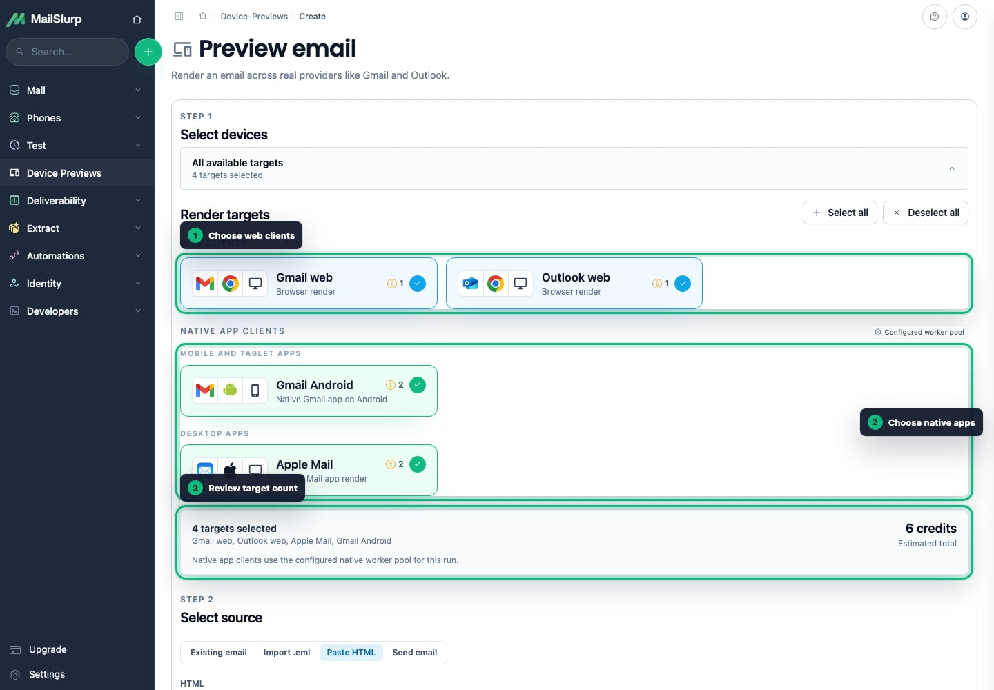 Supported mailbox clients and device preview targets selected in MailSlurp