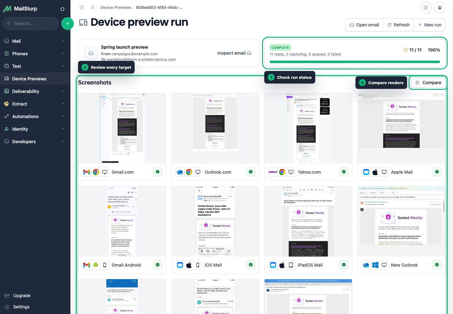 Completed MailSlurp client render grid comparing one email across Gmail, Outlook, Yahoo, Apple Mail, Android, iPhone, iPad, and Windows
