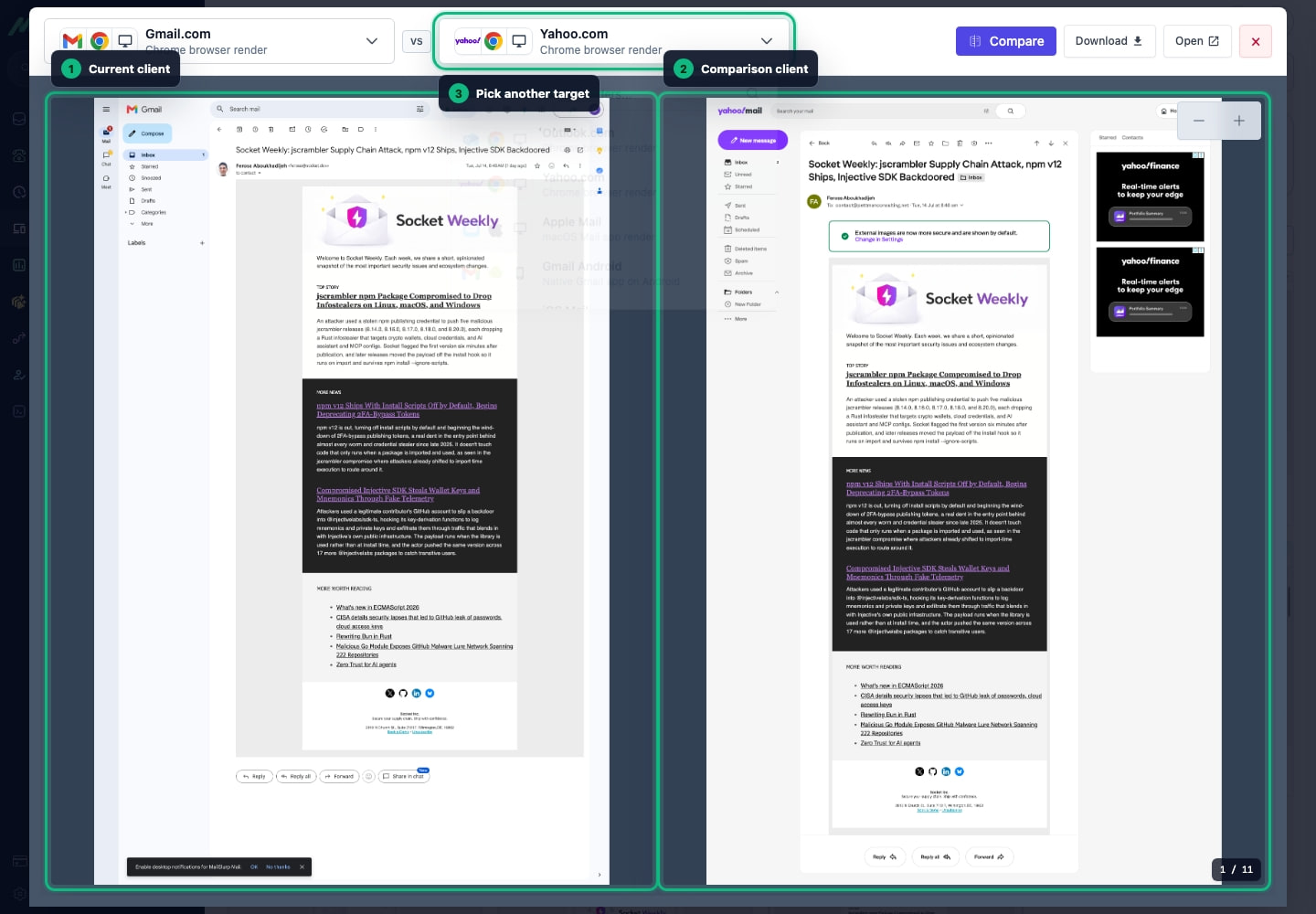 Side-by-side comparison of email renders in MailSlurp