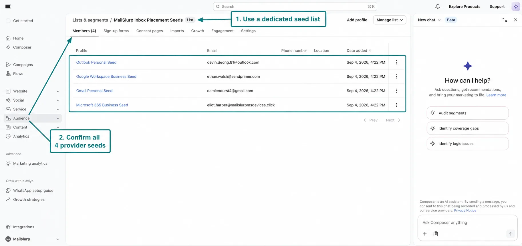 Klaviyo seed list prepared with MailSlurp inbox placement recipients