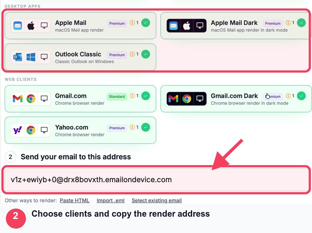 MailSlurp email clients selected for a Mailchimp device preview