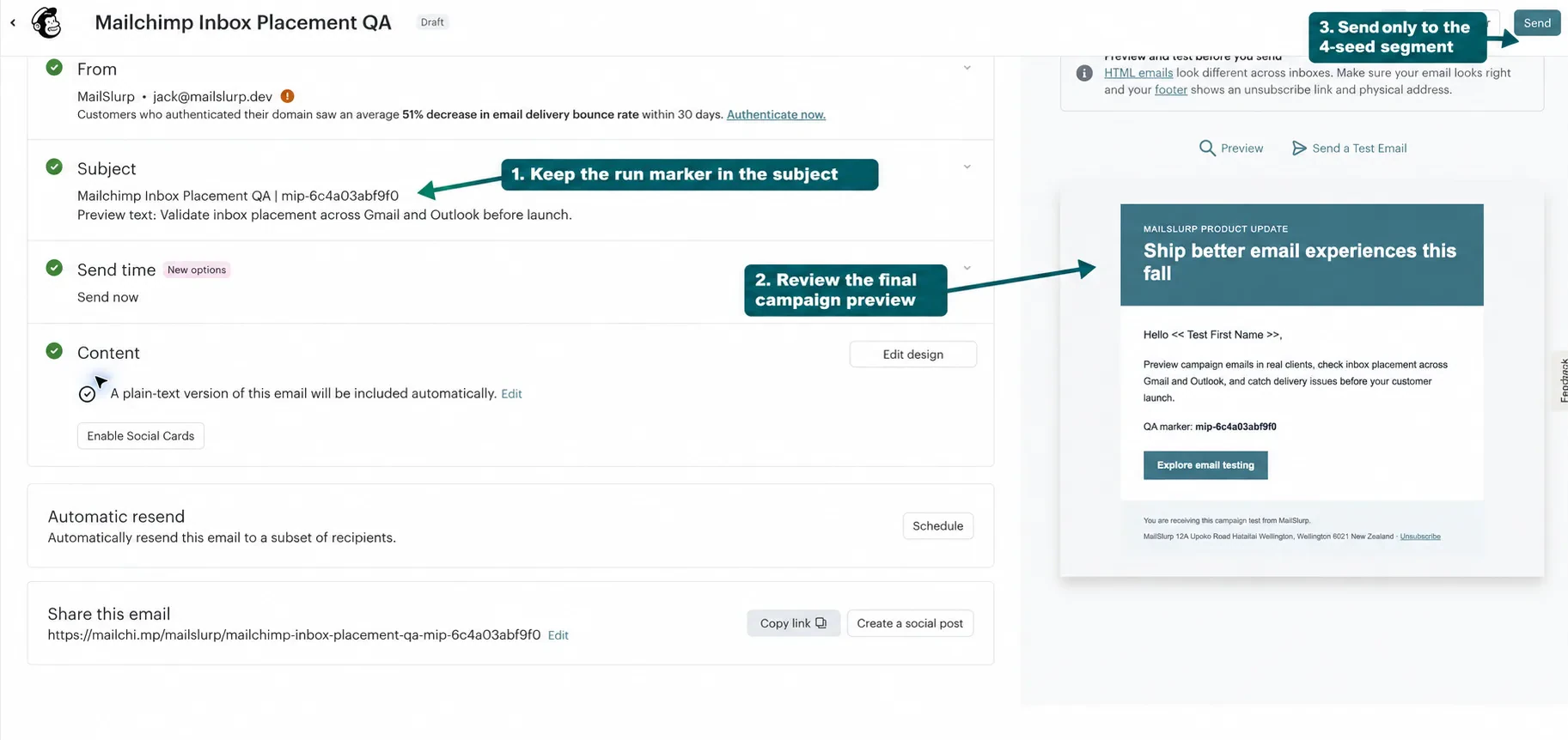 Mailchimp campaign sent to the controlled MailSlurp seed segment