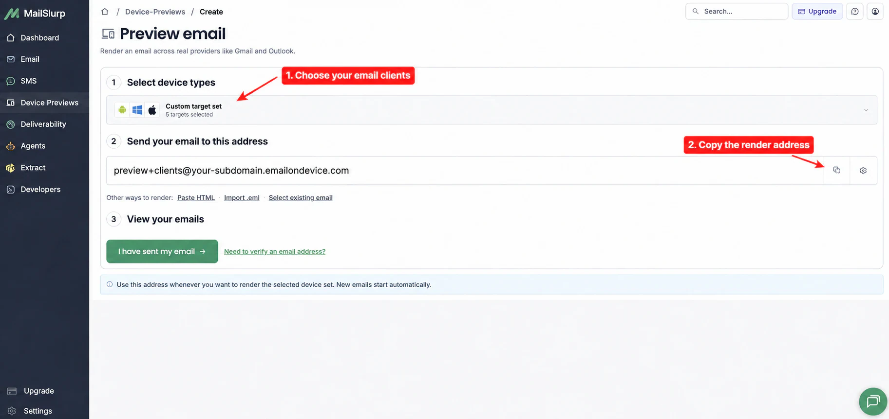 MailSlurp client selection and render address for a Salesforce email preview