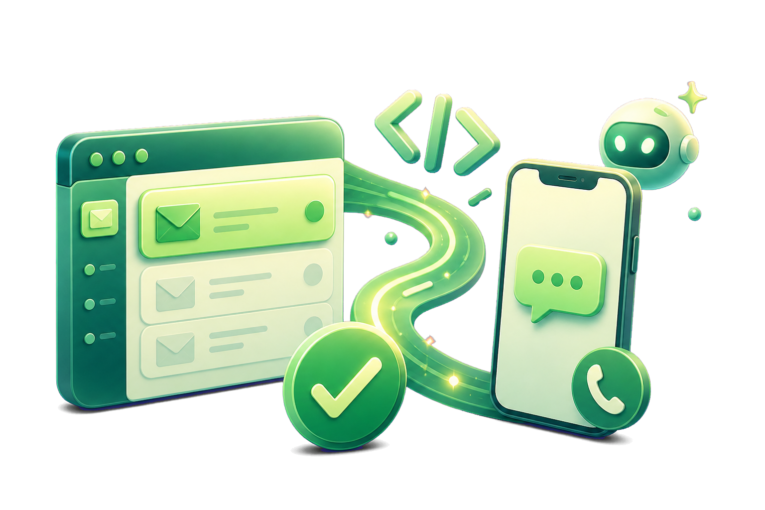 Email inbox and phone connected to code, a passed test, and a MailSlurp agent