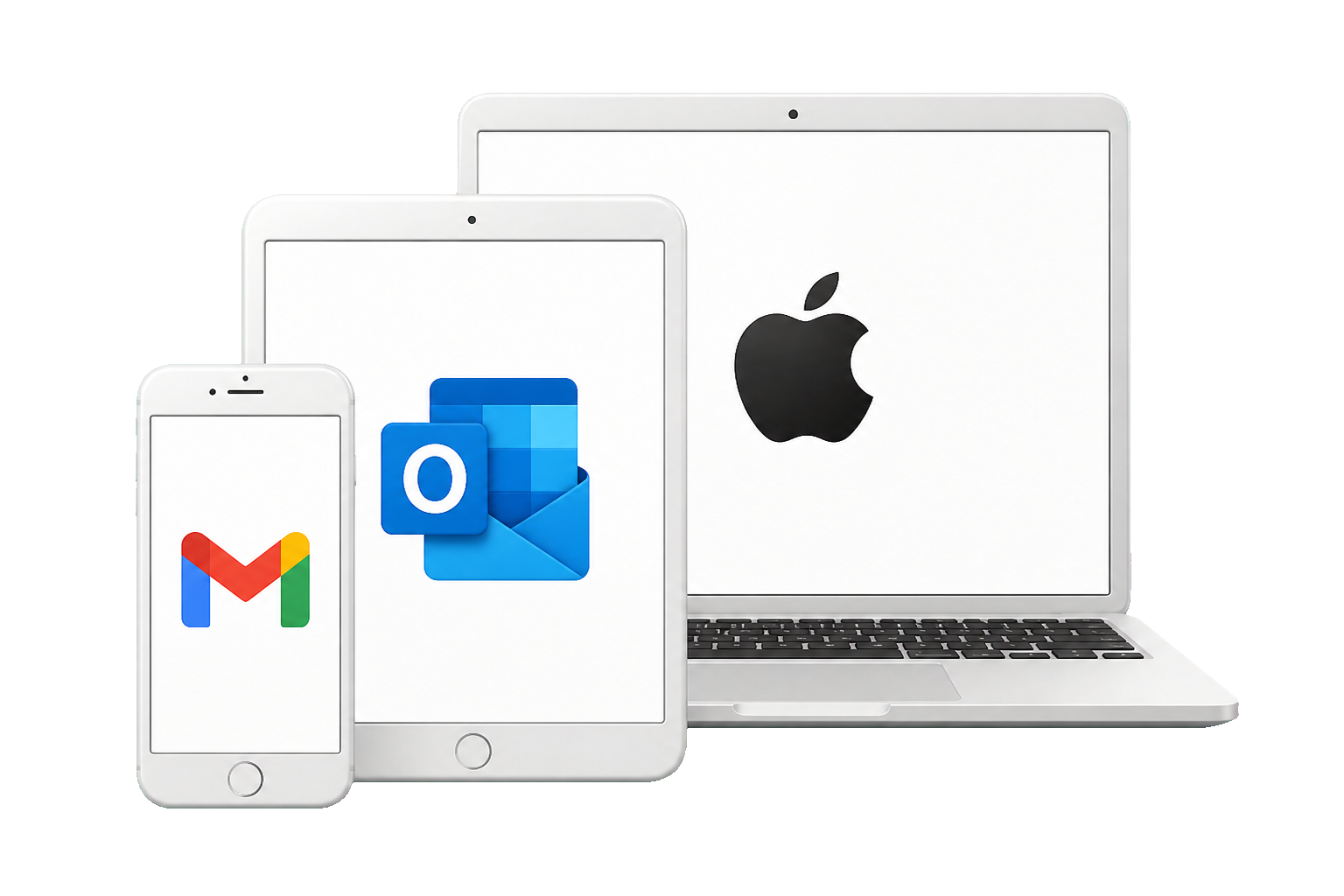 iPhone, iPad, and MacBook showing Gmail, Outlook, and Apple provider icons