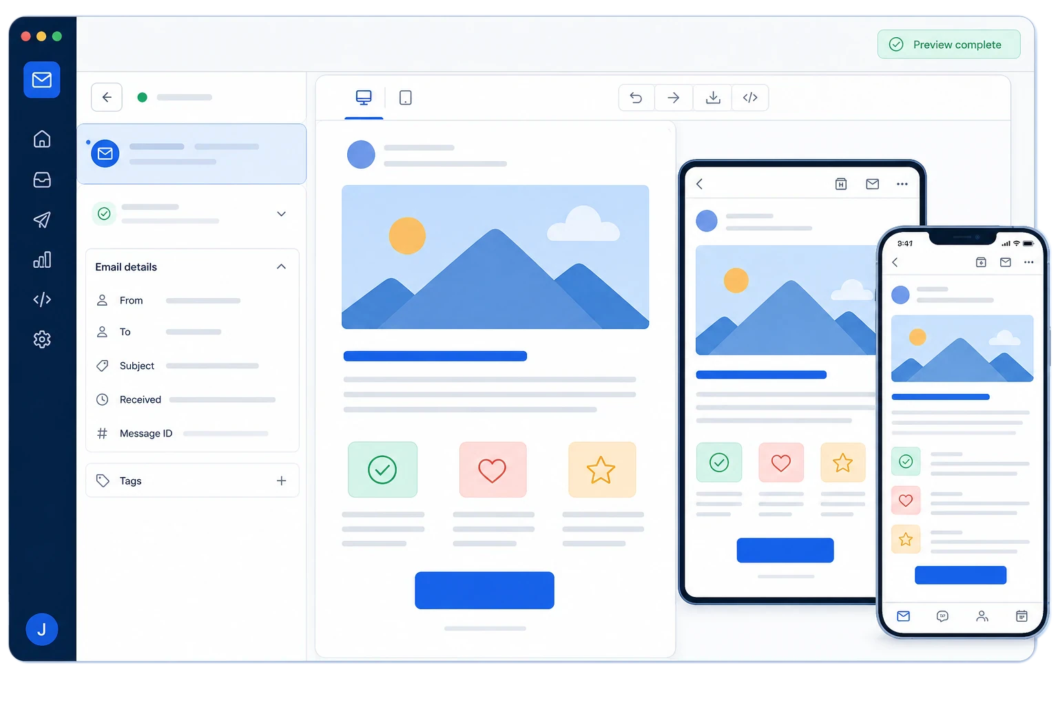 Email preview shown across desktop, tablet, and mobile clients