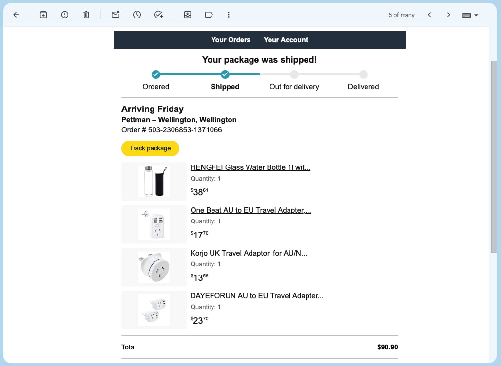 Typical Amazon order email showing items, prices, and shipping details.
